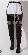 BLACK PU LEATHER THIGH HIGH GARTER BELT BOOTS * 5 uk * DOMINATRIX * HALLOWEEN