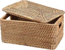 IGNPION Rattan Wicker Storage Basket With Lid, Decorative Multipurpose Storage 