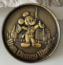 Vintage Walt Disney World Mickey Mouse Brass Metal Plaque/Coaster 8.5 cm