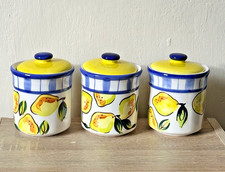 set of 3 ceramic canisters, kitchen storage, hand painted lemons, 1980s kitchen