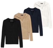 EX M&S Top Jumper Blouse Ribbed Collared V Neck Ladies Knitted Long Sleeve Knit 