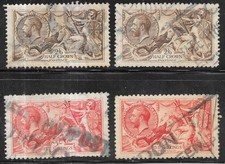 GB King George V 1913/19118 2/6d Brown x 2 and 5/- Red x 2 Seahorse r17052