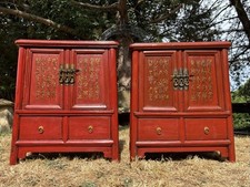 Antique Red Lacquered Chinese Bedside Tables Side Tables Cabinet