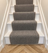Carpet Stair Runner 7MX60cm Black & Greige Herringbone with matching Wool Edge.