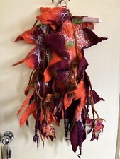 100% Merino Wool Hand Felted Autumn Leaves Scarf Silk Threads New Long Length 
