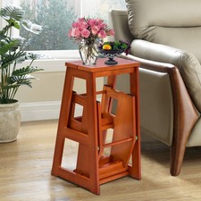 Indoor Folding Stepladder Shelf Folding 3 tier Step Stool Wooden Natural