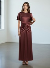 River Island Satin Maxi Evening Occasion Dress Ruched Front Formal Gown Burgundy