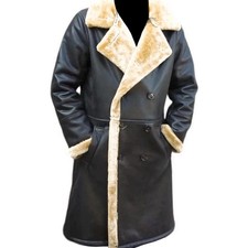 Men's Sheepskin German WW2 Style Long Winter Faux Fur Black Leather Coat UK