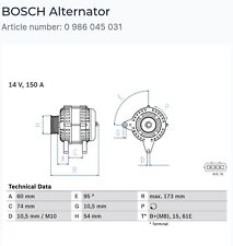 BOSCH 0 986 045 031 Alternator14V, 150A, excl. vacuum pump, Ø 53,5 mm (XX05)