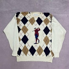 Vintage Argyle Knitted Jumper Embroidered Golf Golfer Patterned Grandad Knit