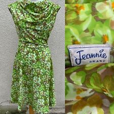 VINTAGE 50’s JEANNIE GREEN FLORAL DECO 30’s Style FIT FLARE  TEA DRESS 10 12 