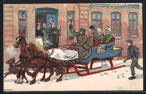 Horse drawn sleigh departs - sleigh,