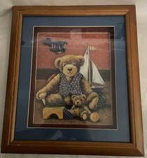 Vintage Wooden Framed Kids Art 3D Shadow Box Bears Sailboat Airplane 32.25x37cm