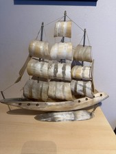 Vintage Model Clipper Ship Sailing Schooner Sculpture Cow Horn Boat