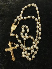 SIGNED LOURDES FRENCH ROSARY BEADS CRUCIFIX CROSS FAUX PEARLS GOLD TONE