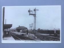 Petersfield railway station platforms,  signals, carriages (Sweasey) RP postcard