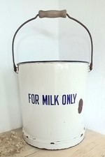 Vintage 3 gallon enamelware milk pail, 'For Milk Only' blue letters, graduations
