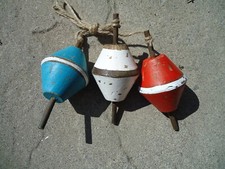 3 X Wooden Fishing Boat Net Floats On Rope Red Blue White Wood Buoys Trawler