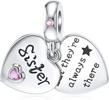 S925 Sterling Silver Sister Heart pink stone Dangle Charm For Bracelet
