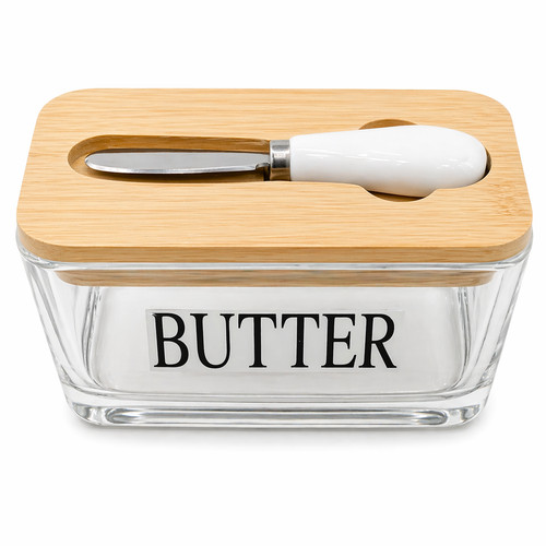 Glass butter dish - dish, bamboo