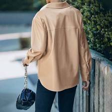 Khaki XL Women PU Leather Jacket Casual Shirt Long Sleeve Button Down Blazer