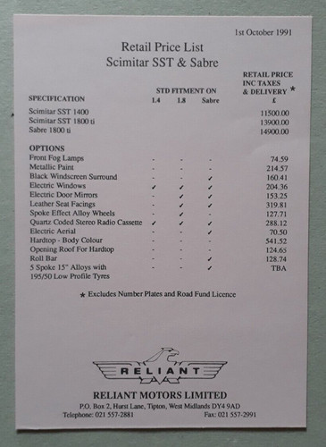 Reliant sst sabre price - sabre, list