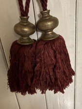 XL Tassel Curtain Tie Backs Pair Maroon & Antiqued Gold Painted Wood Extra Large