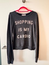WILDFOX 'SHOPPING IS MY CARDIO' FLEECE SWEATSHIRT TOP DARK GREY XS