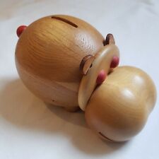 Wooden hippo piggy coin bank money box European oak handcraft vintage