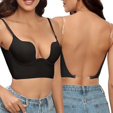 Ladies Low Back Bras Wire Lifting U Shaped Plunge Backless Bra With Clear Straps