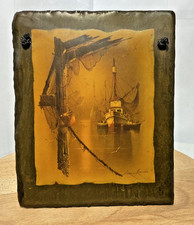 Vintage Découpage Slate Picture Fishing Trawler by Andres Orpinas 16x13cm