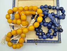 2 Antique Prayer Beads – Butterscotch Bakelite & Blue Stone (Sodalite?)