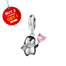 Cute pink heart Penguin Charm S925 Sterling Silver for Women