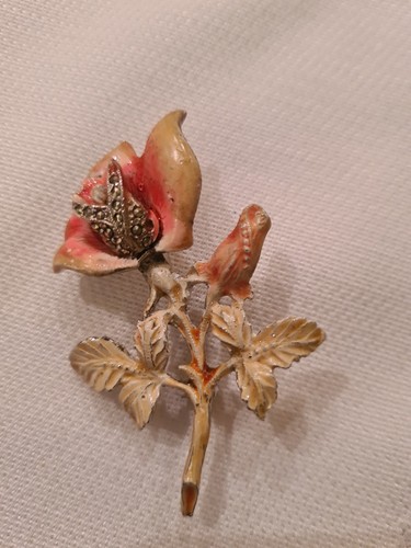 Vintage marcasite enamel rose - enamel,