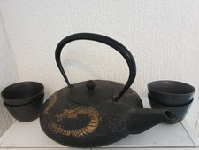 Handmade Japanese Style Cast Iron Teapot with Dragon Design + 2 Cups –