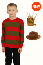 Kids Freddy Krueger Costume Halloween Fancy Dress Jumper Claw Glove Hat Horror