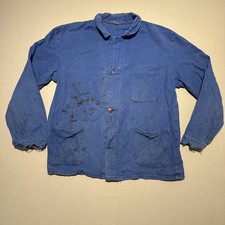 Vintage French Work Jacket Mens Large Blue Work Faded Chore Canvas Distressed