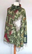 Women's Green Roll Neck Soft Woven Fringed Ruana, Poncho, Made In India, New