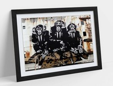 BANKSY 3 WISE MONKEYS -ART FRAMED POSTER PICTURE PRINT ARTWORK- WHITE BEIGE
