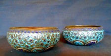 Pair Antique Kashmiri Heavy Copper Turquoise & Deep Blue Enameled Repousse Bowls