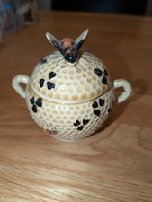 Vintage Bee Honeycomb Honey Pot with Handles Marked Foreign - Ceramic
