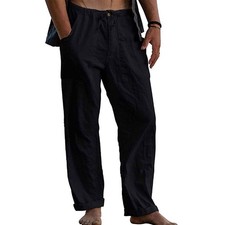 Men Cotton Linen Harem Pants Straight Chino Elastic Waist Yoga Casual Trousers