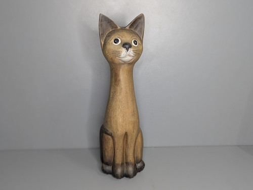 Long neck wooden cat statue - long,
