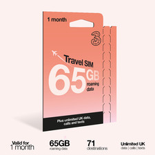 Three 30 Day Travel Sim, 65GB