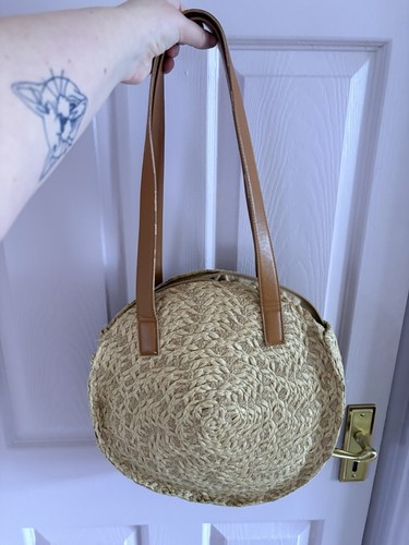 Beige straw bag circular woven - beige,