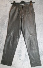 Women's Dark Grey Leather Trousers UK 8 W26 L29 High Rise Straight Leg Biker 