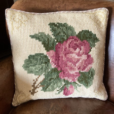 Large Pink Rose Needlepoint Cushion Cover & Pad Pure Wool Tapestry Completed