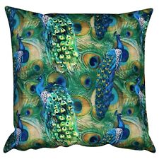Velvet Peacock Procession Extra-Large Cushion. Bright Blue & Green Feathers.