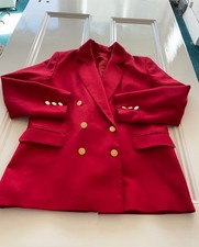 Red Ladies Gold Button Womens 100% Wool Blazer Jacket Size L