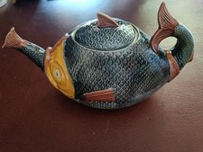 Antique (C1880) Staffordshire Majolica Fish Eating Fish Novelty Teapot